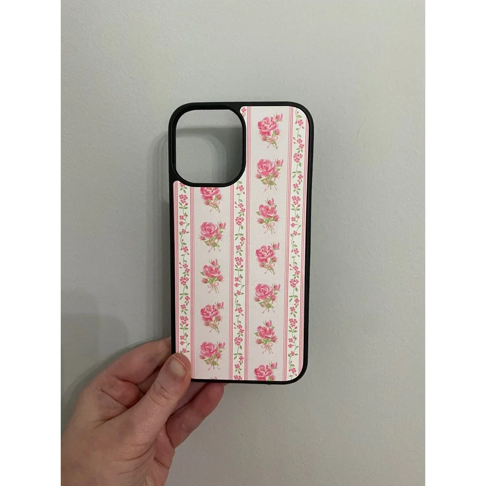 iPhone 12 Pro Max Case Womens Pink Floral Rose Cottagecore Shabby Chic Black